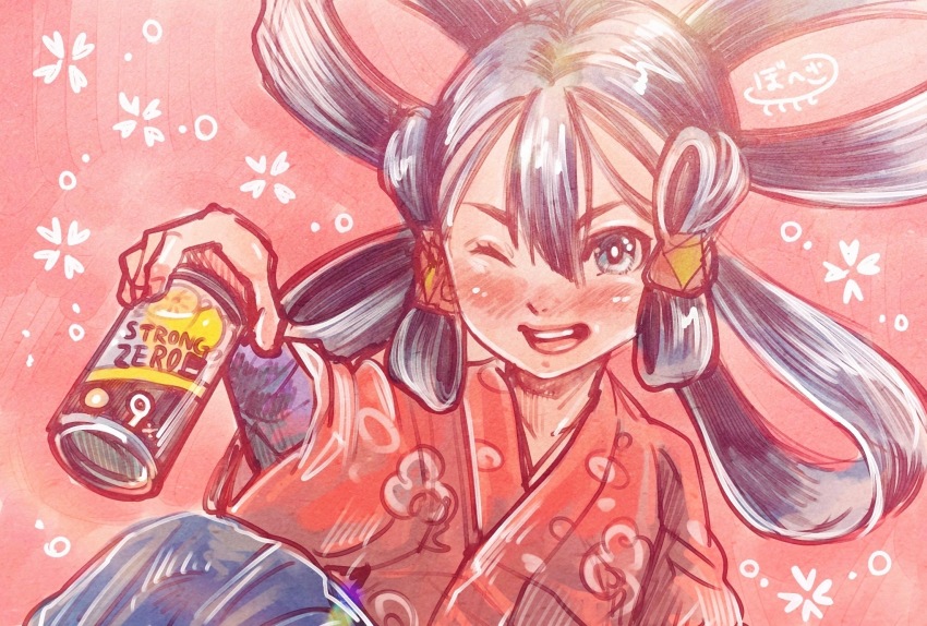 1girl, alcohol, black_eyes, black_hair, blush, bohe, can, commentary_request, hair_between_eyes, hair_rings, hair_tubes, highres, holding, holding_can, japanese_clothes, kimono, long_hair, long_sleeves, looking_at_viewer, mizura, nose_blush, one_eye_closed, open_mouth, pink_background, sakuna-hime, signature, smile, solo, strong_zero, tensui_no_sakuna-hime