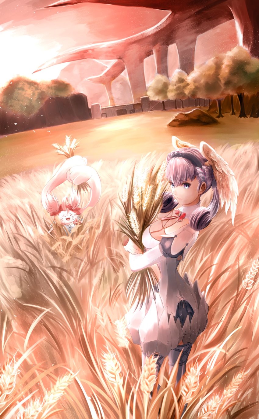 2girls, :d, braid, cropped_legs, crown_braid, dutch_angle, field, grey_eyes