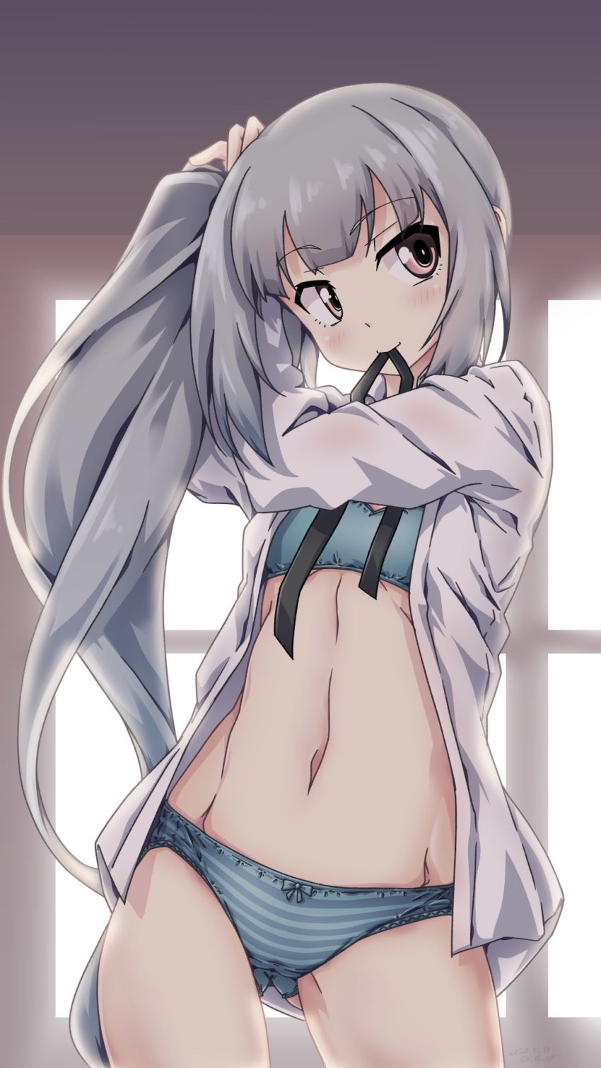 1girl, 547th_sy, aqua_bra, aqua_panties, black_ribbon, bra, comb, dressing, gluteal_fold, grey_hair, hair_ribbon, highres, indoors, kantai_collection, kasumi_(kancolle), kasumi_kai_ni_(kancolle), long_hair, long_sleeves, looking_at_viewer, navel, open_clothes, open_shirt, panties, ribbon, shirt, side_ponytail, solo, striped_clothes, striped_panties, sunlight, training_bra, underwear, white_shirt, window, yellow_eyes