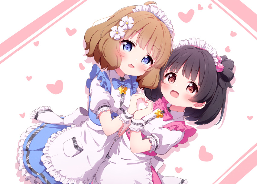 2girls, :d, alternate_costume, apron, black_hair, blue_eyes, blue_neckwear, blue_skirt