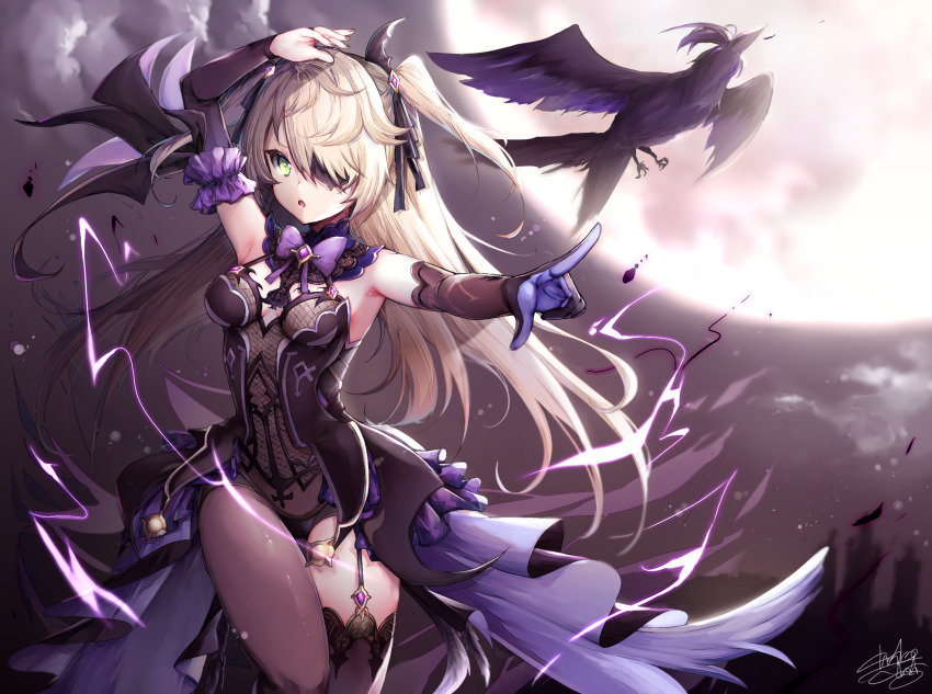 1girl, arm_up, bare_shoulders, bat_hair_ornament, bird, black_sleeves, black_thighhighs, blonde_hair