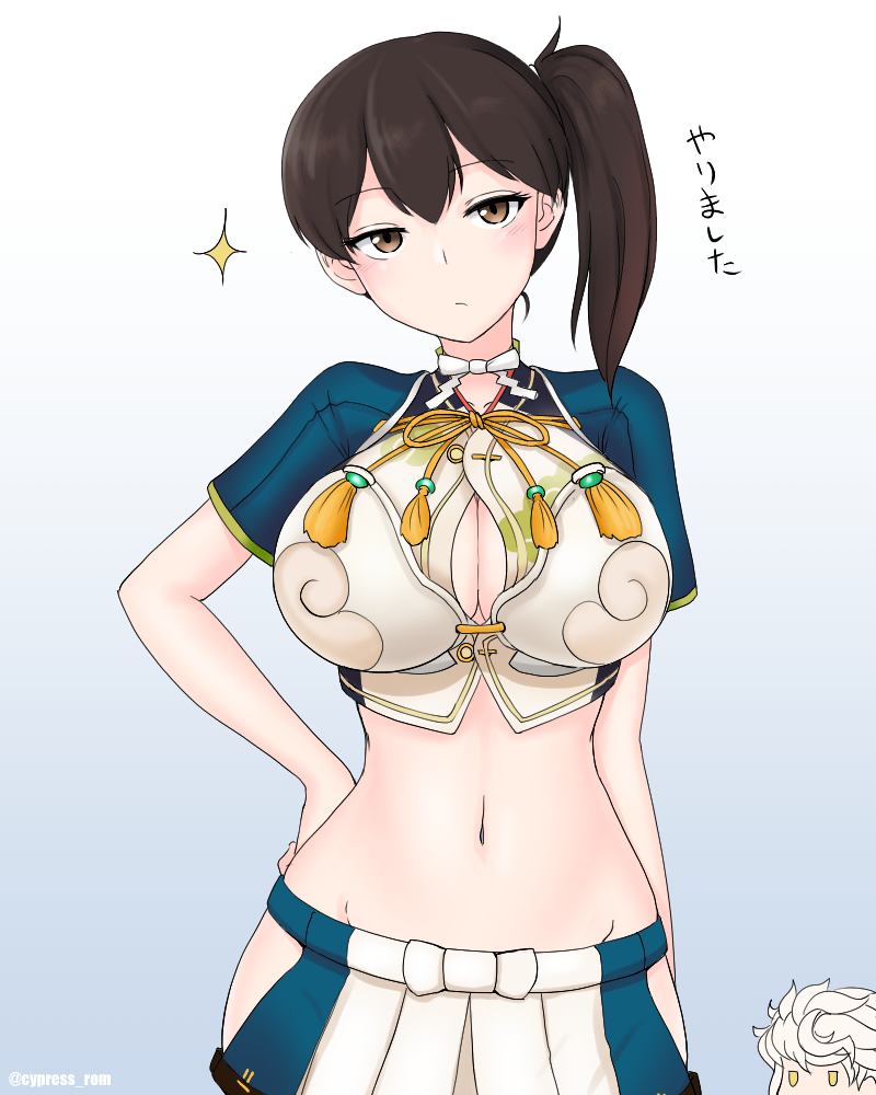 2girls, asymmetrical_hair, blue_background, blue_skirt, breasts, brown_eyes, brown_hair, cleavage