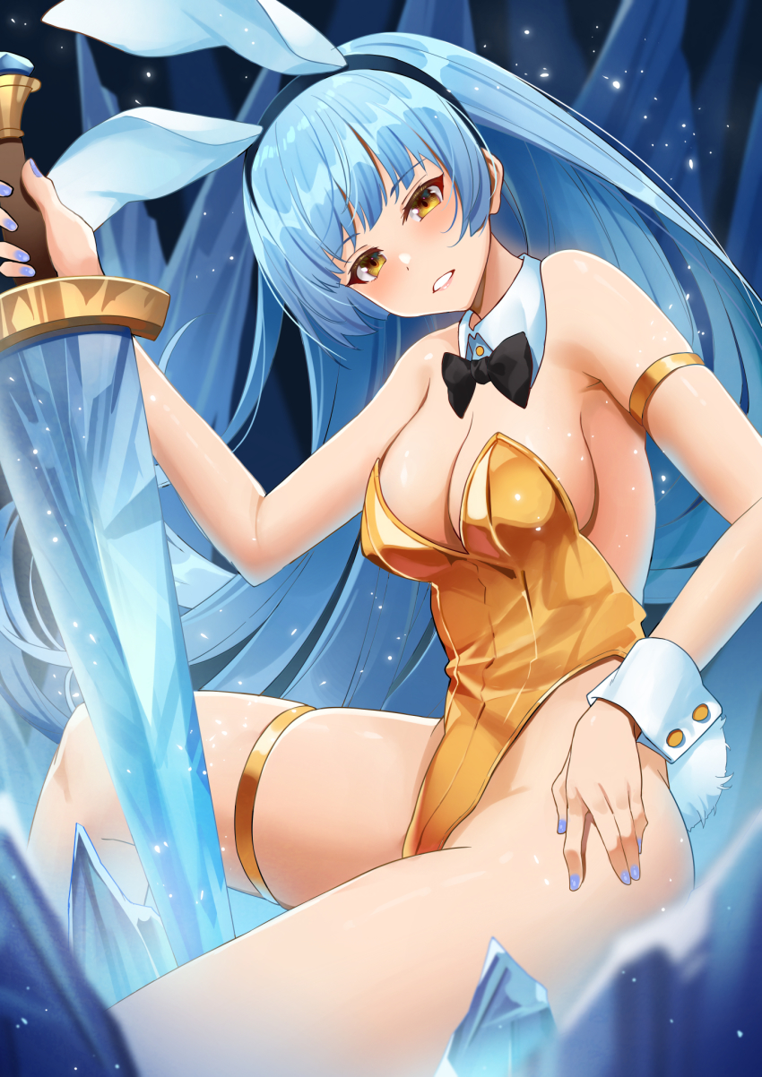 1girl, animal_ears, bad_id, bad_pixiv_id, black_bow, black_bowtie, blue_hair, bow, bowtie, breasts, commentary_request, cowboy_shot, detached_collar, eiyuu_senki, fake_animal_ears, galahad_(eiyuu_senki), gold_leotard, highres, large_breasts, leotard, long_hair, looking_at_viewer, nail_polish, nishitaka, playboy_bunny, rabbit_ears, rabbit_tail, sitting, solo, strapless, strapless_leotard, sword, tail, weapon, wrist_cuffs, yellow_eyes