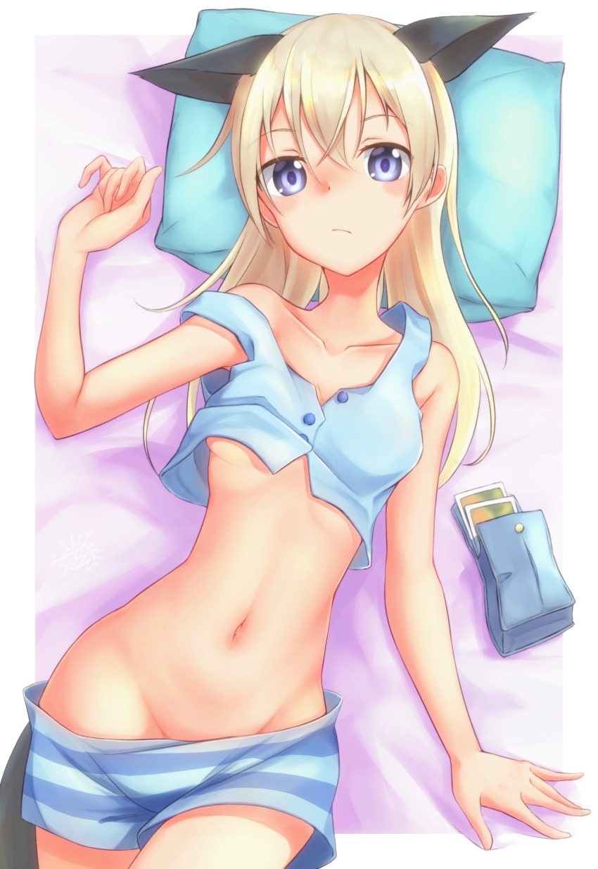 1girl, absurdres, animal_ears, bed, blue_eyes, blush, breasts, closed_mouth