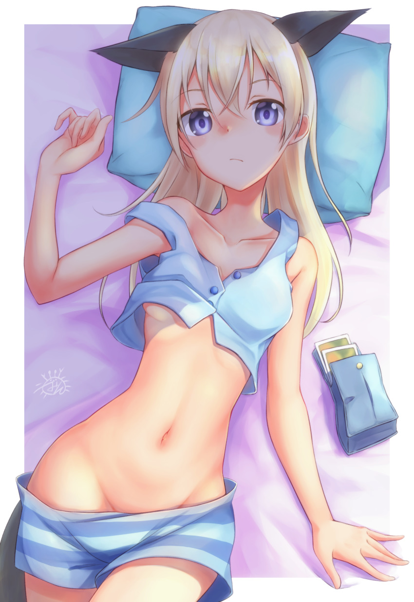 1girl, absurdres, animal_ears, bed, blue_eyes, blush, breasts, closed_mouth