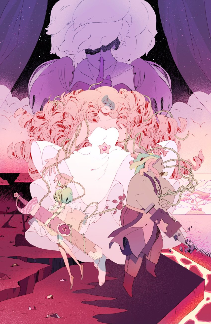 4girls, bismuth_(steven_universe), blush, boots, breasts, cleavage, dreadlocks, dress