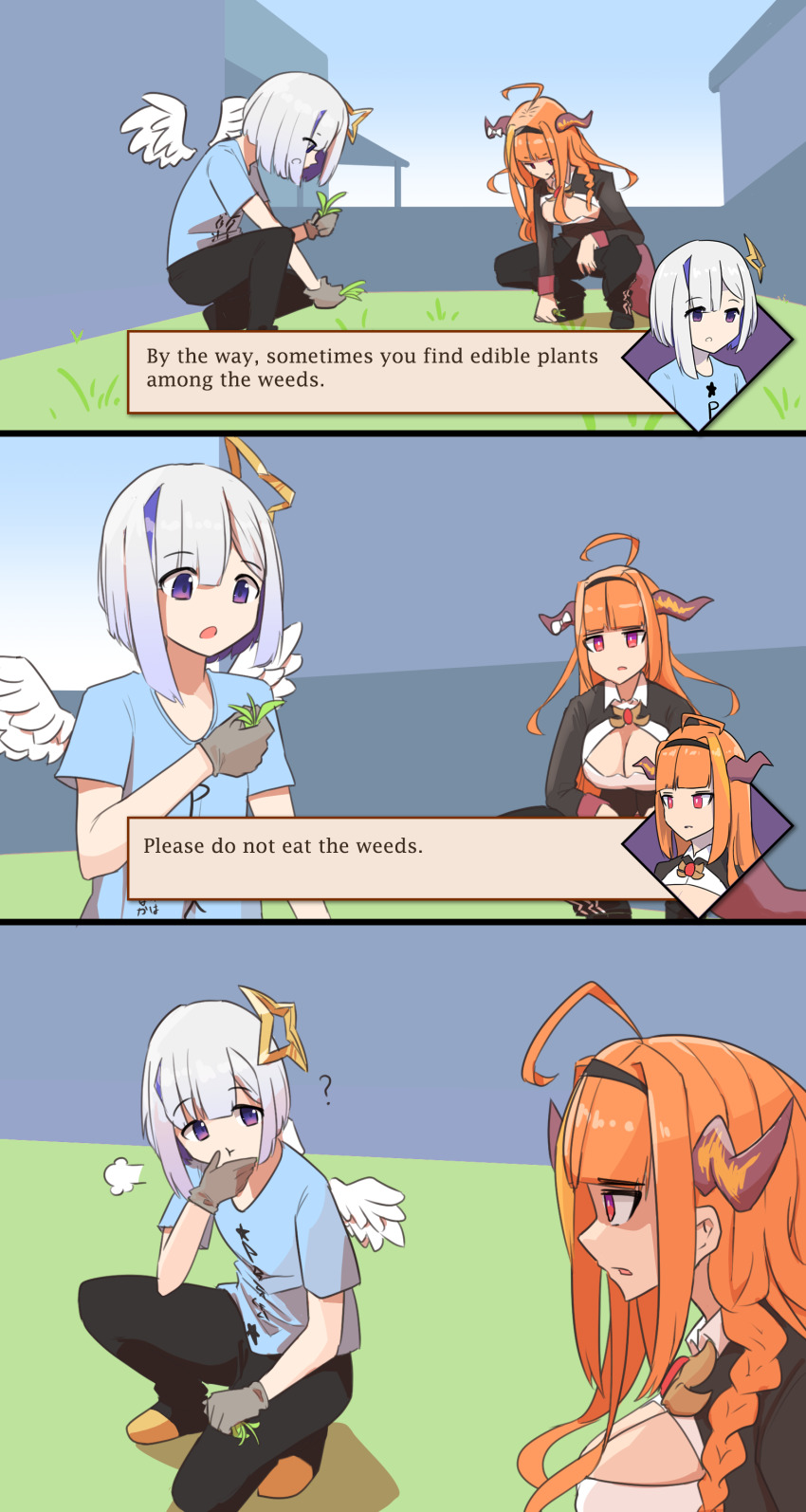 2girls, absurdres, ahoge, alternate_costume, amane_kanata, angel_wings, blouse, blue_hair, blue_shirt, blunt_bangs, bow, braid, breasts, cleavage, cleavage_cutout, clothing_cutout, colored_inner_hair, dragon_girl, dragon_horns, eating, english_text, fire_emblem, fire_emblem:_three_houses, gardening, gloves, hair_between_eyes, hair_ornament, halo, highres, hololive, horns, kiryu_coco, long_hair, multicolored_hair, multiple_girls, nintendo, open_mouth, orange_hair, pants, pompmaker1, print_shirt, purple_eyes, shirt, short_hair, side_braid, silver_hair, single_braid, streaked_hair, sweatpants, virtual_youtuber, weeding, wings