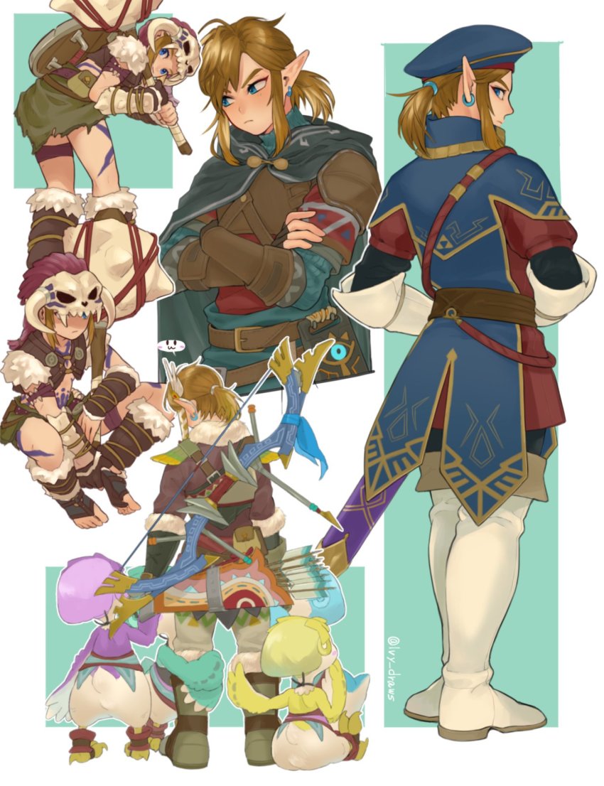 1boy, 2girls, :3, armor, arrow_(projectile), artist_name, barbarian_set_(zelda), bird_girl, black_cape, blonde_hair, blue_eyes, blue_headwear, boots, bow_(weapon), brown_gloves, cape, crossed_arms, earrings, feather_hair_ornament, feathers, from_behind, full_body, fur, fur-trimmed_boots, fur_trim, gloves, hair_ornament, hands_up, highres, holding, holding_weapon, hood, hooded_cape, ivy_(sena0119), jewelry, kheel_(zelda), knee_boots, kotts_(zelda), leather_armor, link, multiple_girls, multiple_views, nintendo, official_alternate_costume, pointy_ears, ponytail, quiver, rito, royal_guard_set_(zelda), sheikah_slate, shield, short_ponytail, sitting, skull, snowquill_set_(zelda), standing, stomach, sword, the_legend_of_zelda, the_legend_of_zelda:_breath_of_the_wild, weapon, weapon_on_back, white_footwear, white_gloves