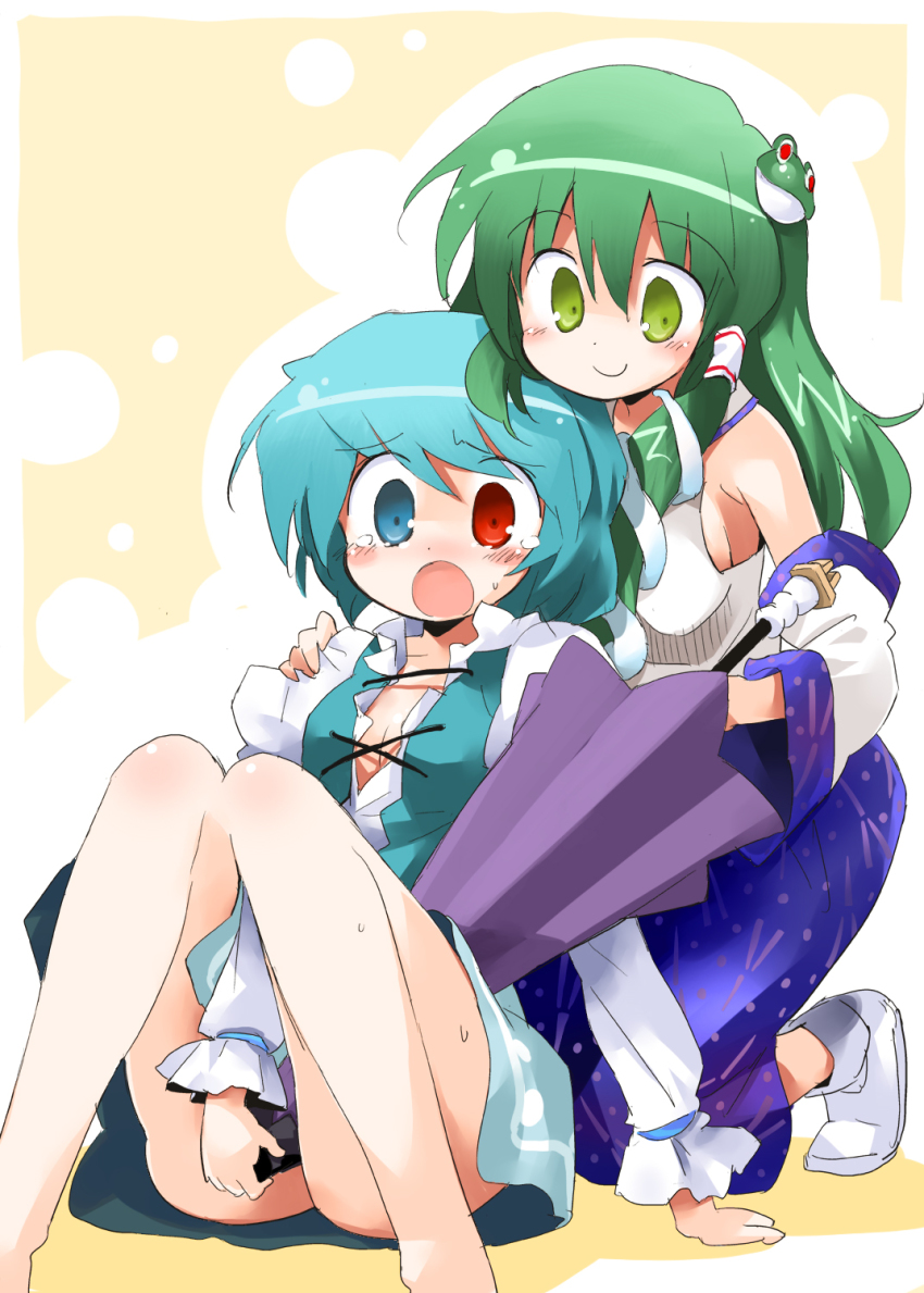 2girls, blue_eyes, blue_hair, detached_sleeves, female_focus, frog, green_eyes, green_hair