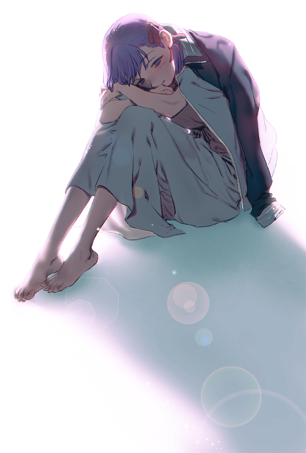 1girl, barefoot, dress, fate/stay_night, fate_(series), hair_ribbon, heaven's_feel, highres, jacket, jacket_on_shoulders, kinkan_(rerorero_o), hugging_own_legs, matou_sakura, purple_eyes, purple_hair, ribbon, simple_background, on_floor, solo