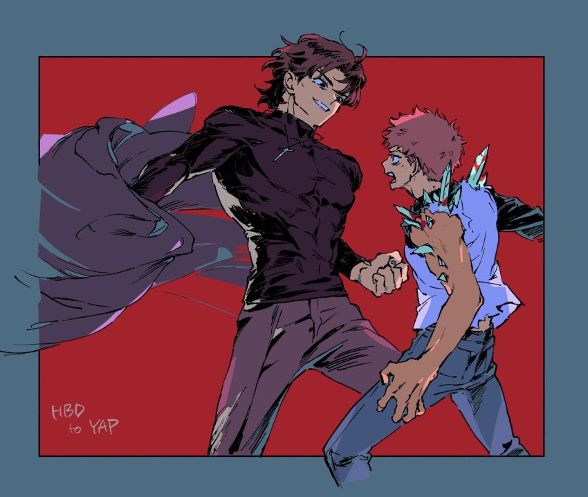 2boys, abs, blood, brown_hair, clenched_hand, cross, cross_necklace, denim