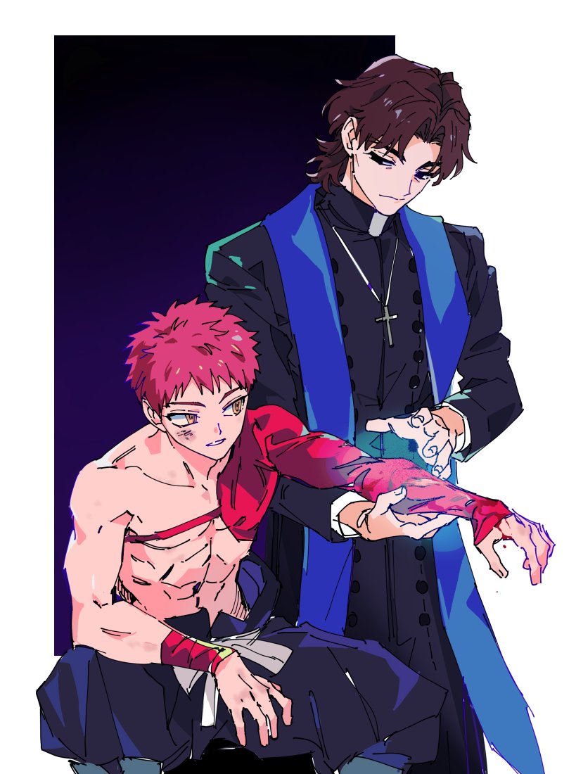 2boys, abs, blood, brown_hair, cross, cross_necklace, emiya_shirou, fate/grand_order
