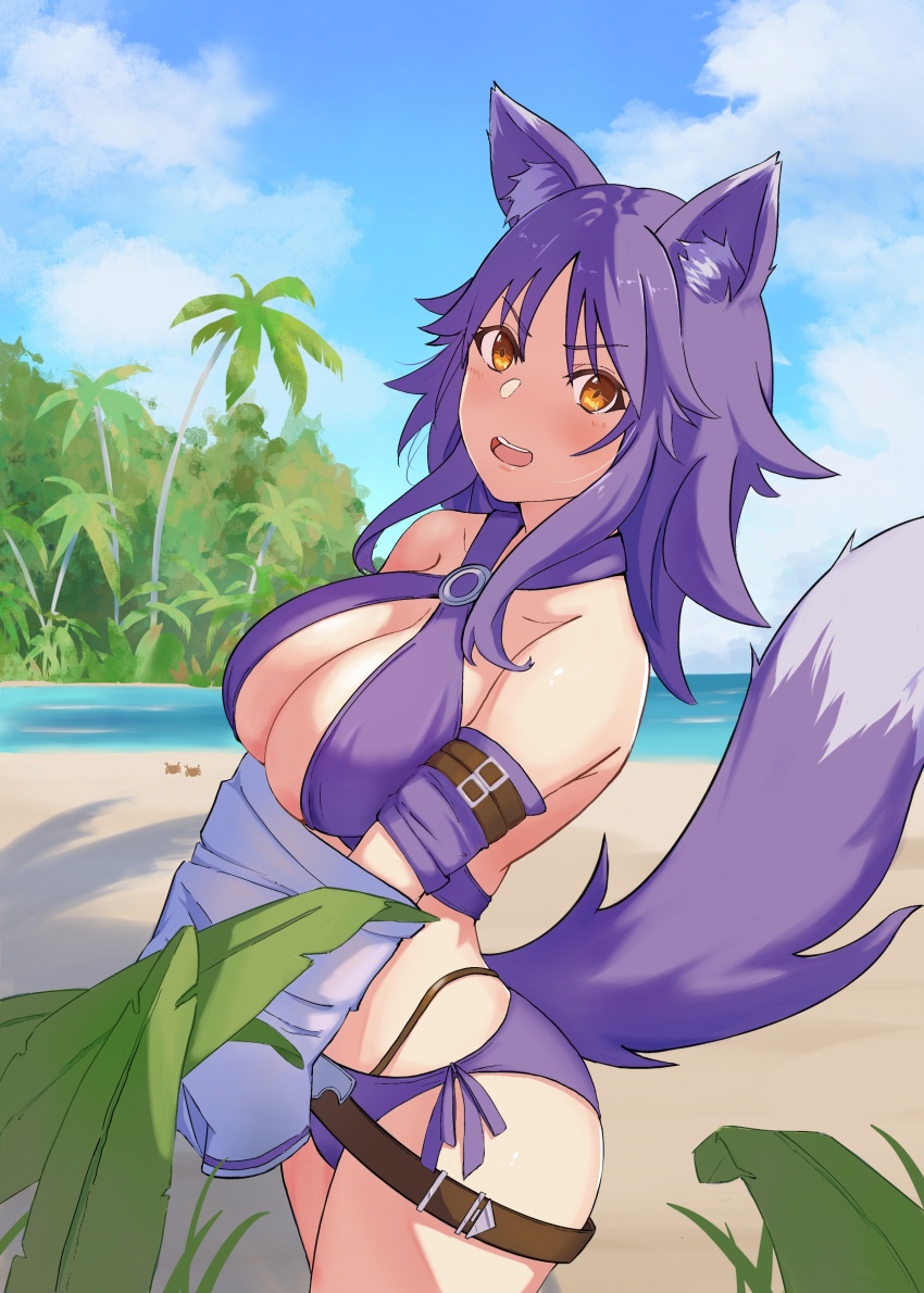 1girl, absurdres, animal_ear_fluff, animal_ears, arm_belt, beach, bikini, blush