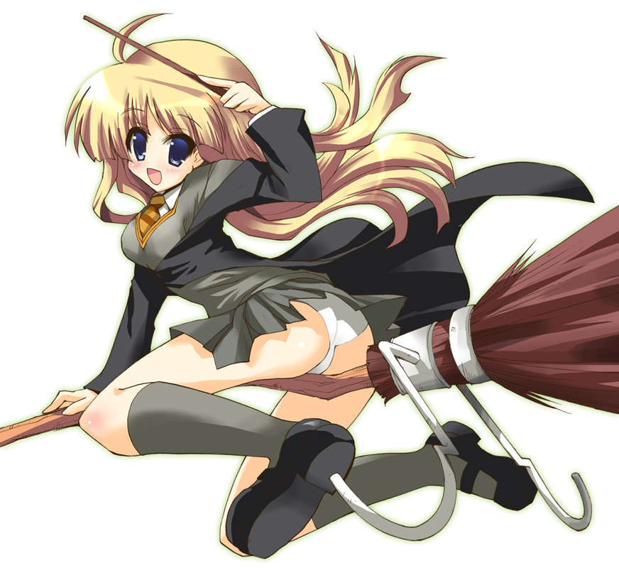 1girl, ahoge, alternate_eye_color, animification, blonde_hair, blue_eyes, broom, broom_riding