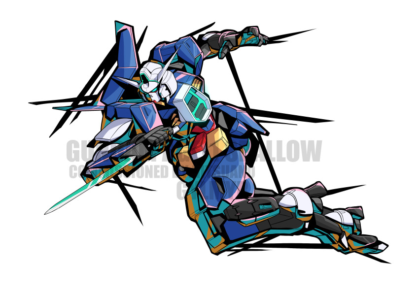 absurdres, blue_eyes, character_name, commission, flying, glowing, glowing_eyes, gundam
