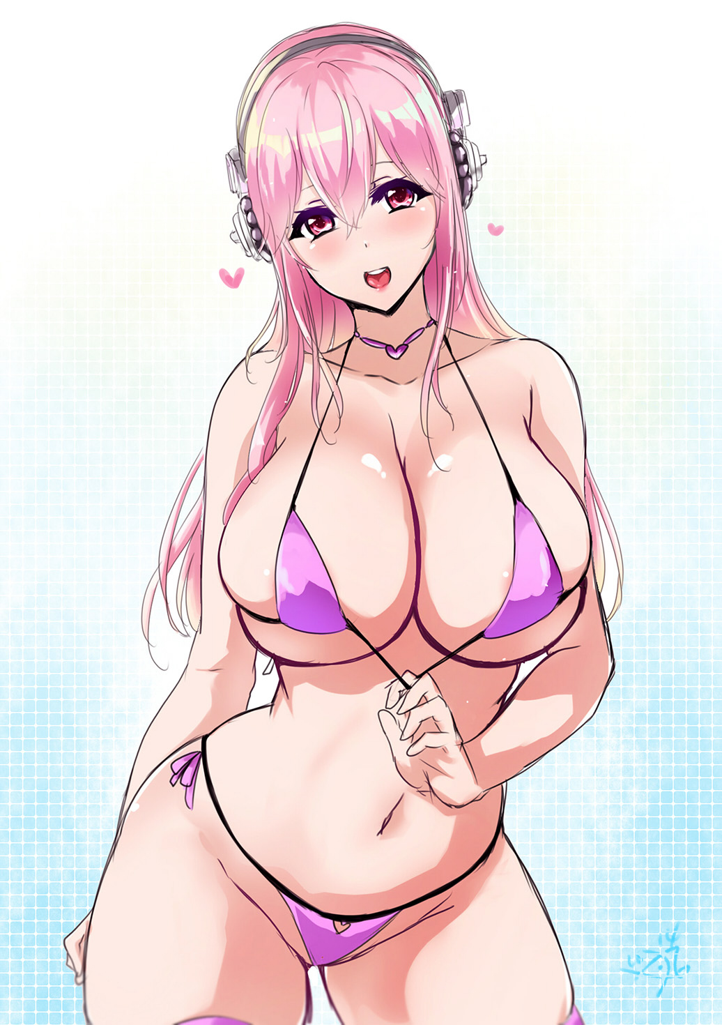 1girl, bare_shoulders, bikini, blush, bolobolo, breasts, cleavage, collarbone, headphones, heart, highres, large_breasts, lips, long_hair, looking_at_viewer, nitroplus, pink_eyes, pink_hair, skindentation, smile, solo, super_sonico, swimsuit, teeth, upper_teeth_only