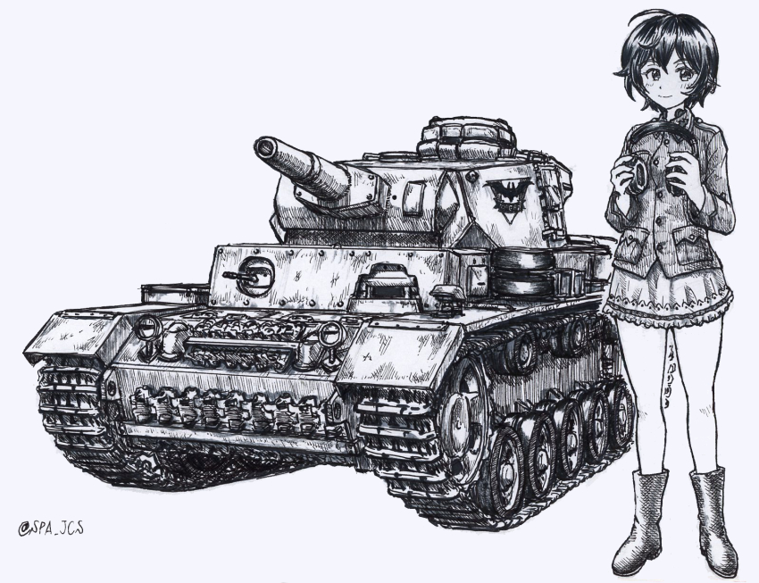1girl, ballpoint_pen_(medium), boots, closed_mouth, commentary, count_(emblem), count_military_uniform, girls_und_panzer