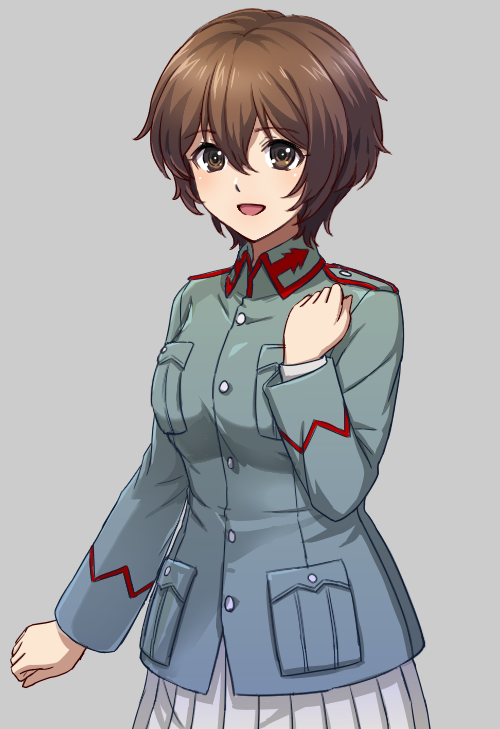 1girl, blue_jacket, brown_eyes, brown_hair, commentary_request, count_military_uniform, cowboy_shot, epaulettes
