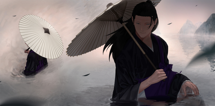1boy, bad_id, bad_twitter_id, black_eyes, black_hair, black_kimono, closed_mouth, ear_piercing