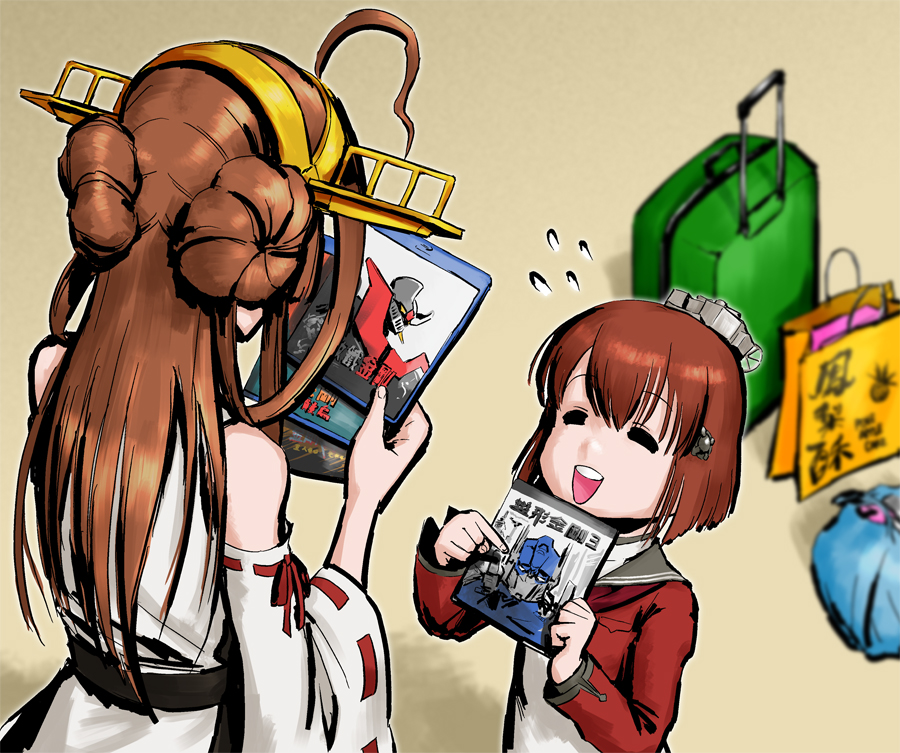 2girls, ahoge, bag, blu-ray, brown_eyes, brown_hair, brown_neckerchief, choufu_shimin