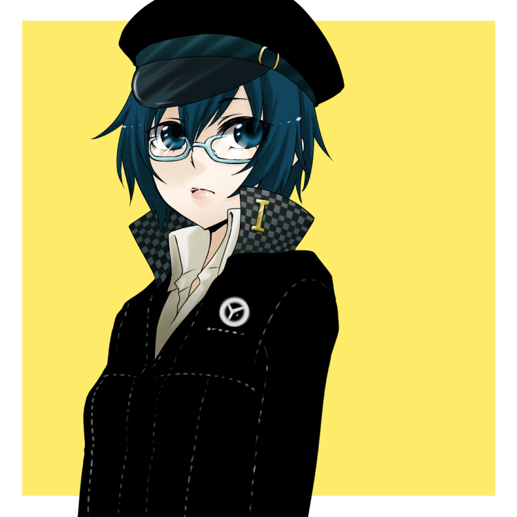 1girl, androgynous, arms_at_sides, atlus, blue_eyes, blue_hair, breasts, crossdressing, crossdressing_(ftm), female_focus, flat_chest, glasses, hair_between_eyes, hat, jacket, lips, looking_away, matching_hair/eyes, newsboy_cap, persona, persona_4, reverse_trap, school_uniform, shimizu_kokeshi, shirogane_naoto, short_hair, simple_background, solo, standing, wavy_hair