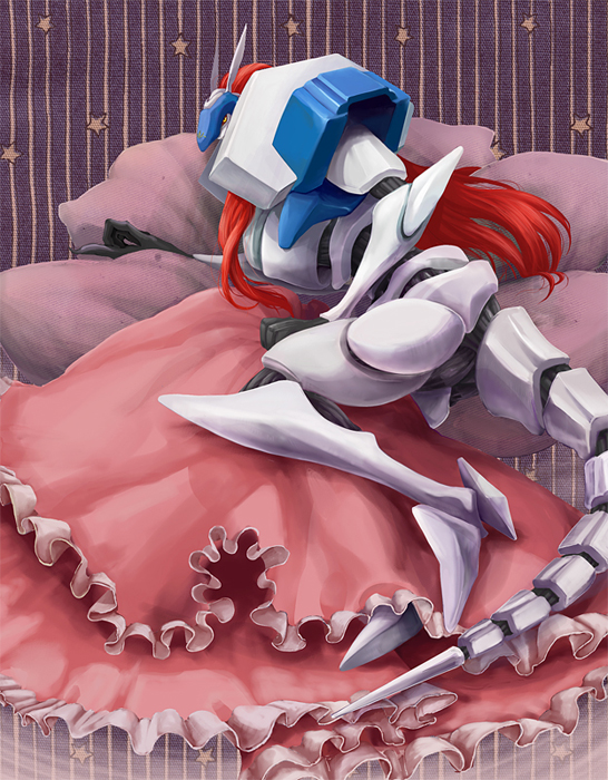 arc_system_works, guilty_gear, hitotsubashi, justice_(guilty_gear), long_hair, lying, mature_female, pillow, red_hair, robot, tail