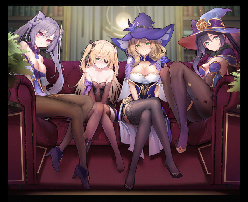 4girls, aqua_eyes, ass, bare_shoulders, black_footwear, black_hair, black_pantyhose, black_thighhighs, blonde_hair, blue_footwear, blush, bodystocking, bodysuit, boots, braid, breasts, brown_legwear, brown_sleeves, capelet, cleavage, closed_mouth, collarbone, colored_eyelashes, commentary, cone_hair_bun, couch, crossed_legs, detached_collar, dress, elbow_gloves, expressionless, eyepatch, fischl_(genshin_impact), flower, foreshortening, full_body, fur_trim, genshin_impact, gloves, green_eyes, hair_between_eyes, hair_bun, hair_ornament, hair_over_one_eye, hat, hat_flower, high_heels, highleg, highleg_leotard, highres, keqing_(genshin_impact), knees_together_feet_apart, large_breasts, leotard, light_brown_hair, light_frown, lisa_(genshin_impact), loincloth, long_hair, looking_at_viewer, medium_breasts, mona_(genshin_impact), multiple_girls, pantyhose, parted_lips, purple_eyes, purple_flower, purple_hair, purple_headwear, purple_rose, rose, shiny_clothes, shiny_skin, short_dress, simple_background, single_boot, single_leg_pantyhose, single_thighhigh, sitting, small_breasts, smile, strapless, strapless_dress, terebi_(shimizu1996), thigh_strap, thighhighs, thighs, twintails, two_side_up, v_arms, witch_hat