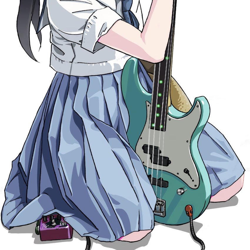 bass_guitar, blue_skirt, effects_pedal, electric_guitar, fretless_bass_guitar, fretless_instrument, guitar, highres, instrument, medium_skirt, original, seiza, shirt, short_sleeves, simple_background, sitting, skirt, tariki_fretless, white_background, white_shirt, yamaha_attitude