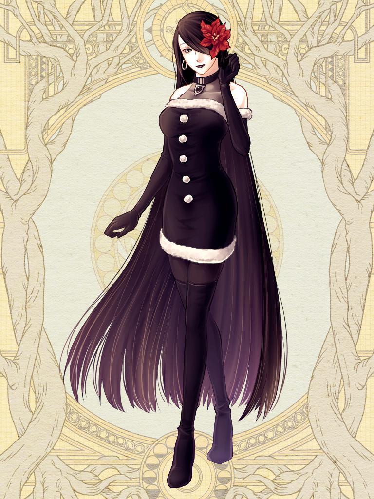 1girl, bare_shoulders, black_choker, black_dress, black_hair, black_lips, black_pantyhose, boots, chidoriasunaro, choker, dairoku_ryouhei, dress, earrings, elbow_gloves, flower, full_body, gloves, hair_flower, hair_ornament, hand_up, jewelry, kokonotsumi_shichiyou, lipstick, long_hair, looking_at_viewer, makeup, pantyhose, red_flower, simple_background, solo, standing, thigh_boots, thighhighs, very_long_hair, yellow_background