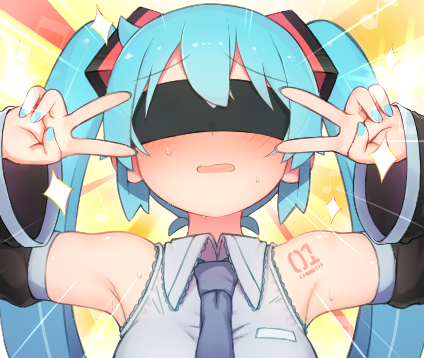1girl, abmayo, aqua_hair, aqua_nails, armpits, bare_shoulders, black_sleeves, blindfold
