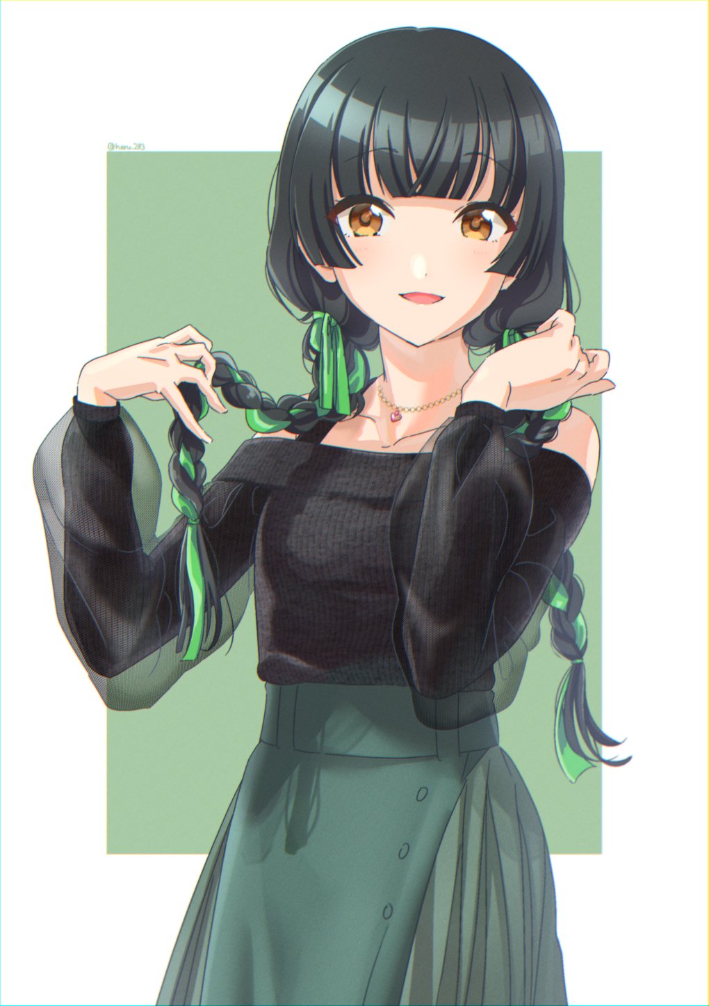 1girl, alternate_hairstyle, bare_shoulders, black_hair, black_sweater, blunt_bangs, border, braid