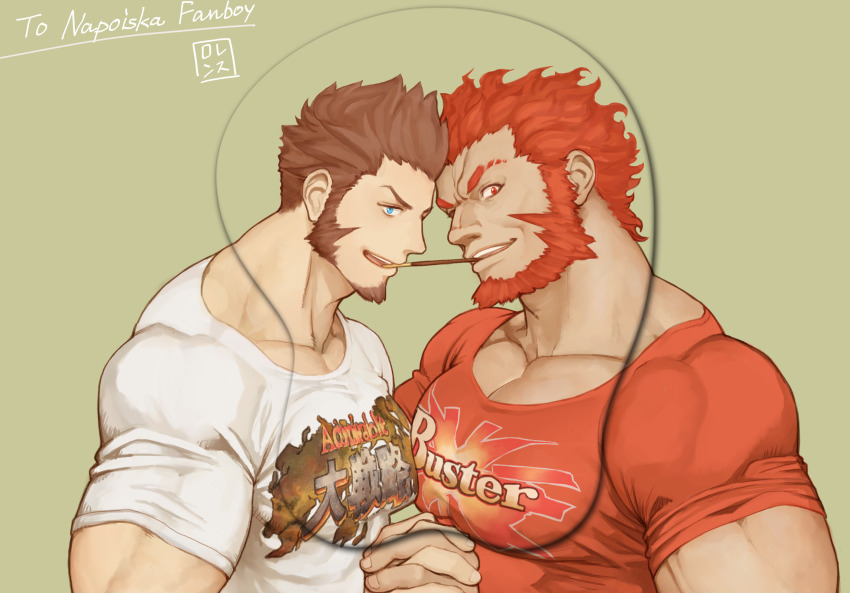 2boys, alternate_costume, bara, beard, biceps, blue_eyes, blush, bobfosse