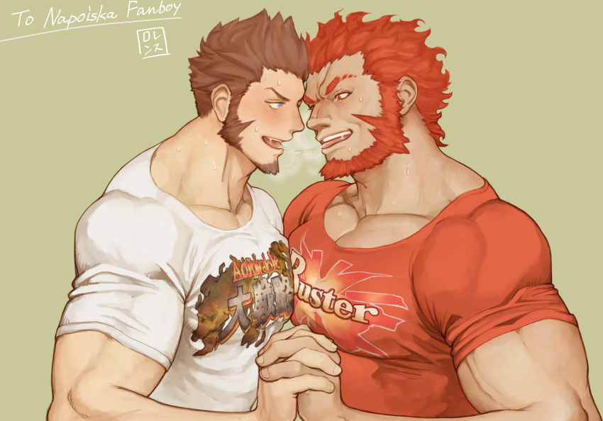 2boys, after_kiss, alternate_costume, bara, beard, biceps, blue_eyes, blush