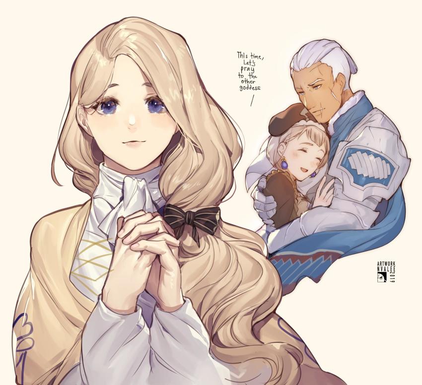 1boy, 1girl, :d, ^_^, armor, beige_background, beige_capelet, beret