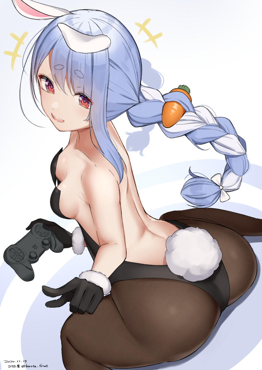 +++, 1girl, :d, absurdres, animal_ears, ass, bare_shoulders, black_gloves