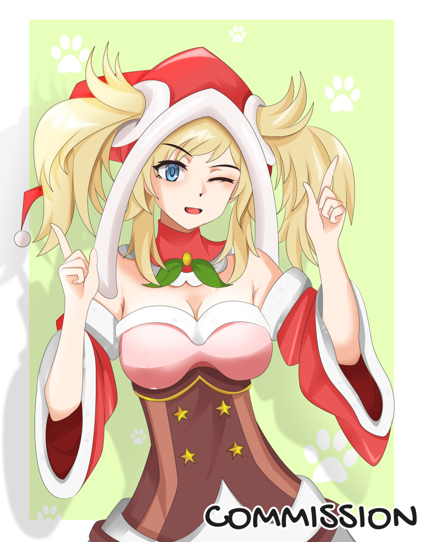 1girl, alternate_costume, alternate_hairstyle, blonde_hair, blue_eyes, breasts, cleavage, commission