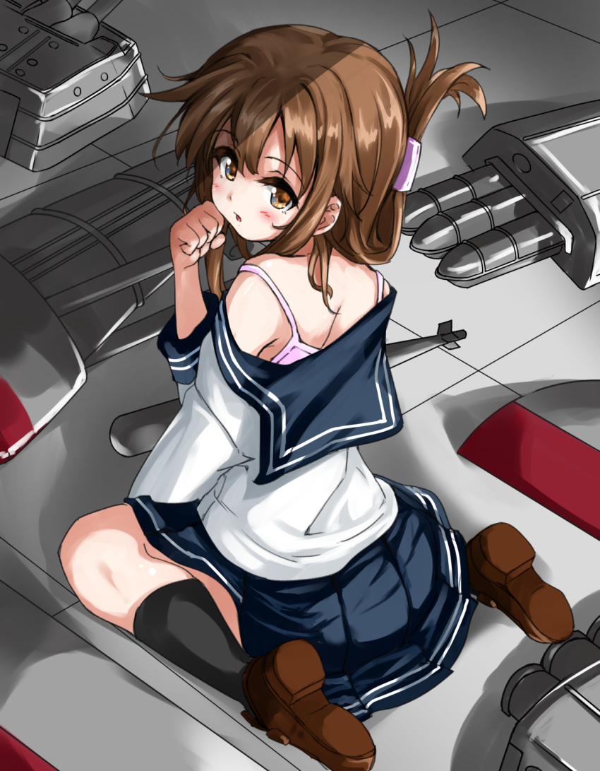 1girl, black_sailor_collar, black_socks, brown_eyes, brown_hair, brown_shoes, camisole, commentary_request
