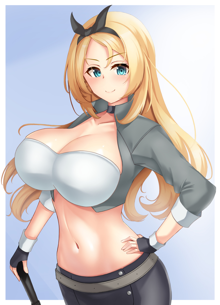 1girl, bad_id, bad_pixiv_id, bandeau, black_hairband, blonde_hair, blue_eyes, breasts