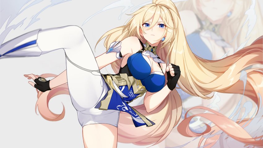1girl, absurdres, armlet, bare_shoulders, black_gloves, blonde_hair, blue_eyes, blue_tunic, breasts, cleavage, clenched_hand, closed_mouth, durandal, durandal_(dea_anchora)_(honkai_impact), durandal_(honkai_impact), fingerless_gloves, gloves, hair_between_eyes, high_ponytail, highres, honkai_(series), honkai_impact_3rd, jewelry, kicking, large_breasts, long_hair, ponytail, single_leg_pantyhose, sylvia_(fnlhfe9dl1dmu3s), thighs, tunic, very_long_hair, white_footwear