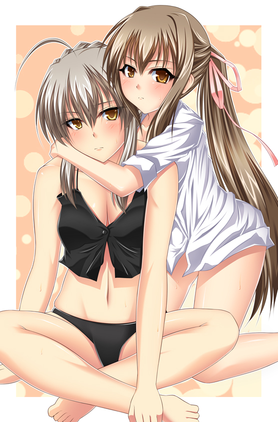 2girls, ahoge, akai_ito, akaiito, asama_sakuya, bare_shoulders, barefoot, black_panties