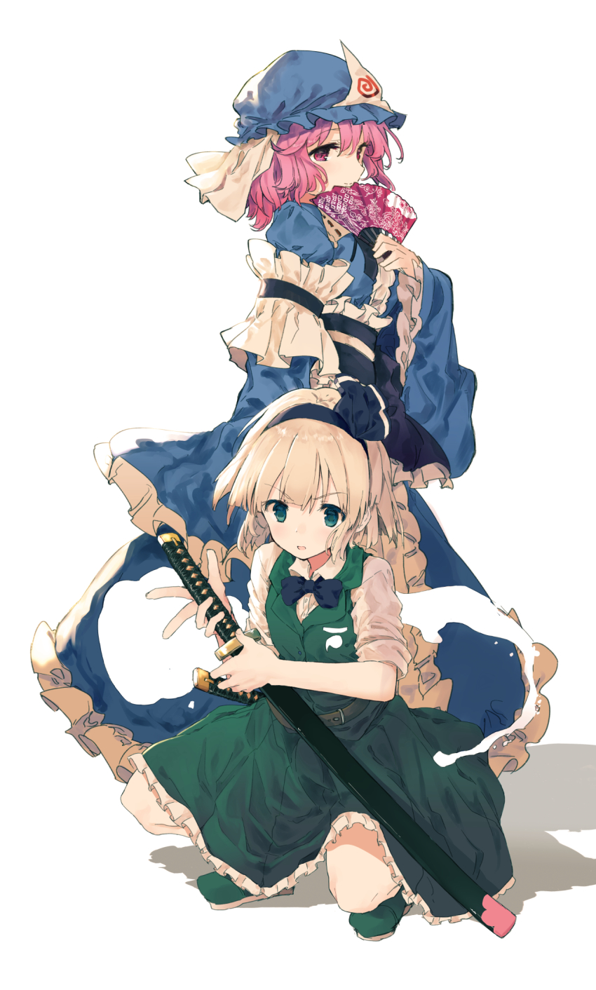 2girls, blue_dress, blue_eyes, bow, bowtie, commentary, dress, green_dress