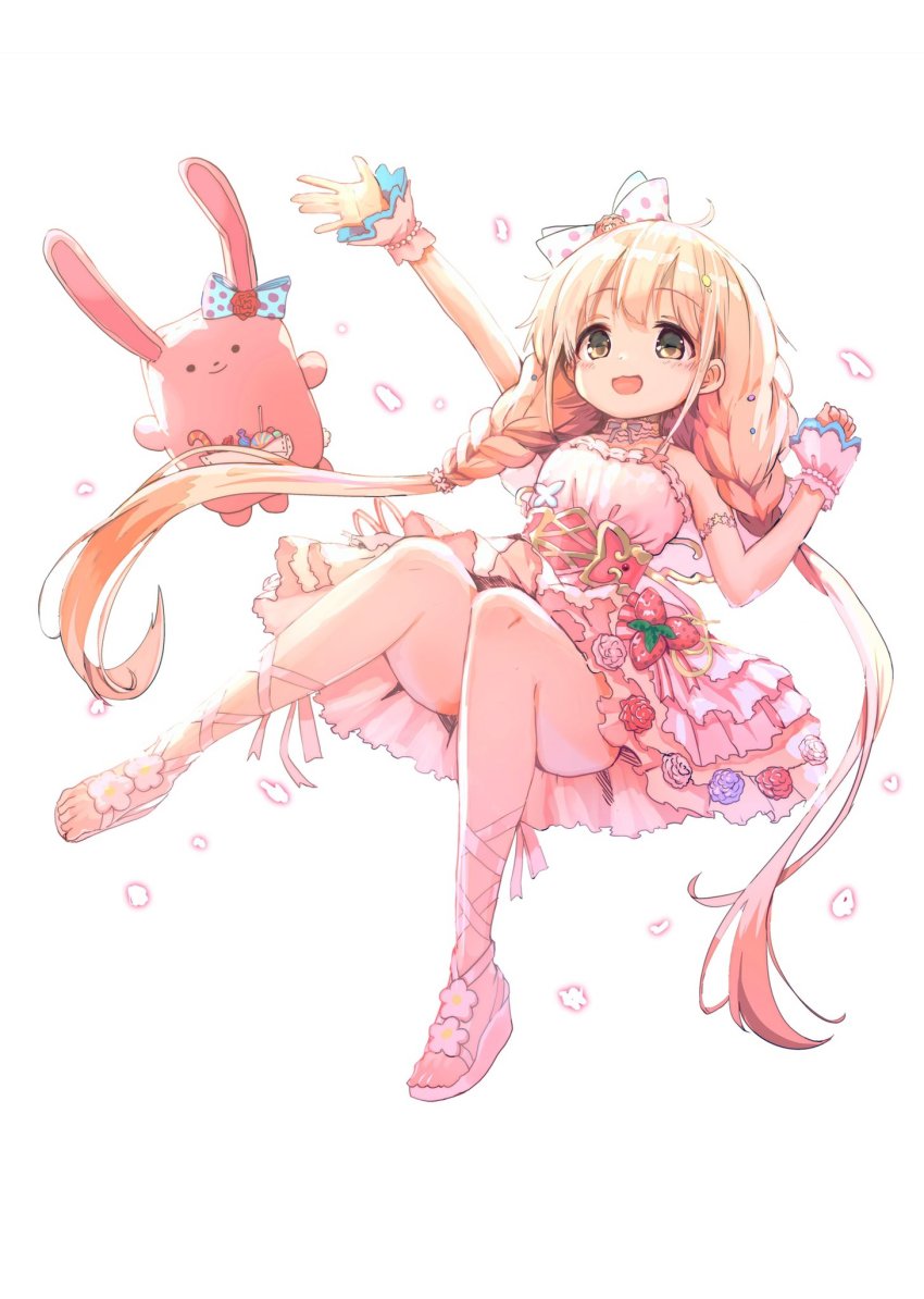 1girl, arm_up, armlet, ballerina, blonde_hair, bow, braid, brown_eyes