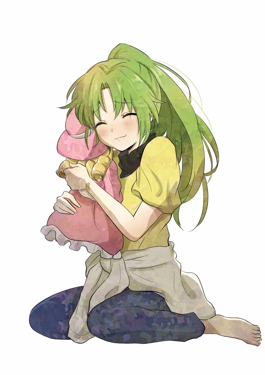 1girl, barefoot, blue_pants, clothes_around_waist, doll, closed_eyes, full_body, green_hair