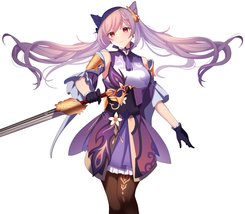 1girl, absurdres, arcelle, black_gloves, brown_pantyhose, commentary, cone_hair_bun, detached_sleeves