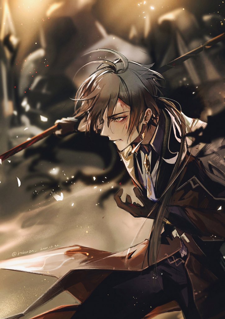 1boy, ahoge, angry, arm_up, black_coat, black_gloves, black_hair, black_pants