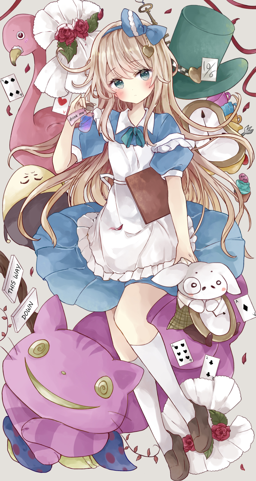 1girl, absurdres, alice_(alice_in_wonderland), alice's_adventures_in_wonderland, animal, apron, bird, blue_bow