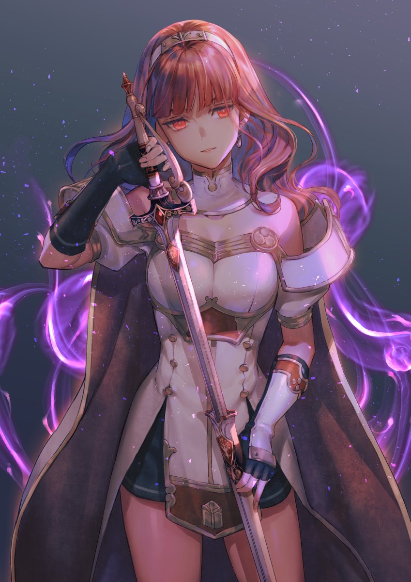 1girl, armor, aura, bare_shoulders, black_gloves, black_skirt, blunt_bangs, breasts, buttons, cape, celica_(fire_emblem), celica_(imprisoned_soul)_(fire_emblem), corruption, cowboy_shot, dark_persona, detached_collar, diadem, dress, duma_(fire_emblem), earrings, elbow_gloves, fingerless_gloves, fire_emblem, fire_emblem_echoes:_shadows_of_valentia, fire_emblem_heroes, fujikawa_akira, gloves, gold_trim, gradient_background, highres, holding, holding_sword, holding_weapon, intelligent_systems, jewelry, long_hair, medium_breasts, miniskirt, nintendo, off-shoulder_dress, off_shoulder, possessed, possession, puffy_short_sleeves, puffy_sleeves, red_armor, red_cape, red_eyes, red_hair, shadow, sheath, short_sleeves, skirt, solo, sword, thighs, two-tone_cape, unsheathing, weapon, white_armor, white_cape, white_dress, wrist_guards