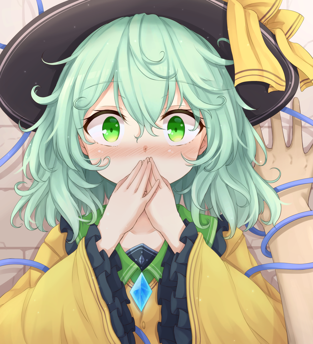 against_wall, blush, commentary_request, covering_own_mouth, frilled_sleeves, frills, green_eyes, green_hair