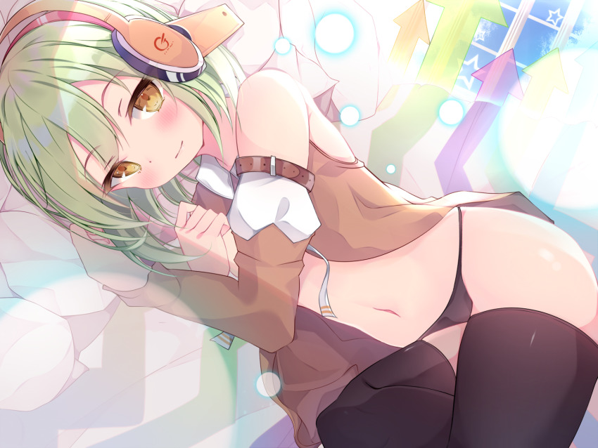 1girl, arrow_(symbol), bare_shoulders, black_panties, black_socks, blush, brown_eyes, brown_vest, chunithm, green_hair, hair_between_eyes, headphones, highres, kneehighs, looking_at_viewer, lying, merun_(merun_i), midriff, navel, no_pants, on_side, panties, sky_feather_(chunithm), smile, socks, solo, star_(symbol), stomach, tagme, thighhighs, underwear, vest, window