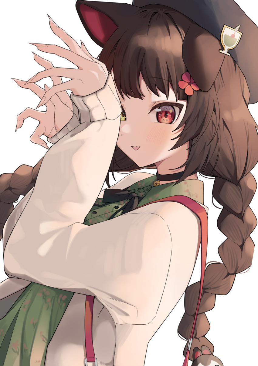 1girl, absurdres, animal_ears, bag, beret, blush, braid, braided_ponytail, brown_hair, collar, commentary, dog_ears, dress, fingernails, from_side, green_dress, handbag, hat, highres, inui_toko, inui_toko_(fall_casual), long_hair, nijisanji, red_eyes, sharp_fingernails, simple_background, solo, syhan, virtual_youtuber, white_background, yellow_eyes